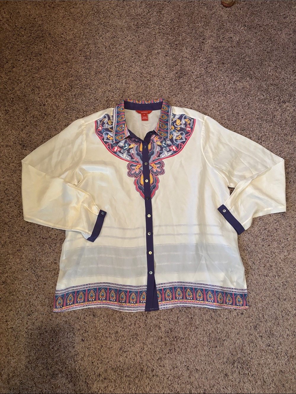 Sundance Cream Blouse with Navy and Pink Paisley Trim XL